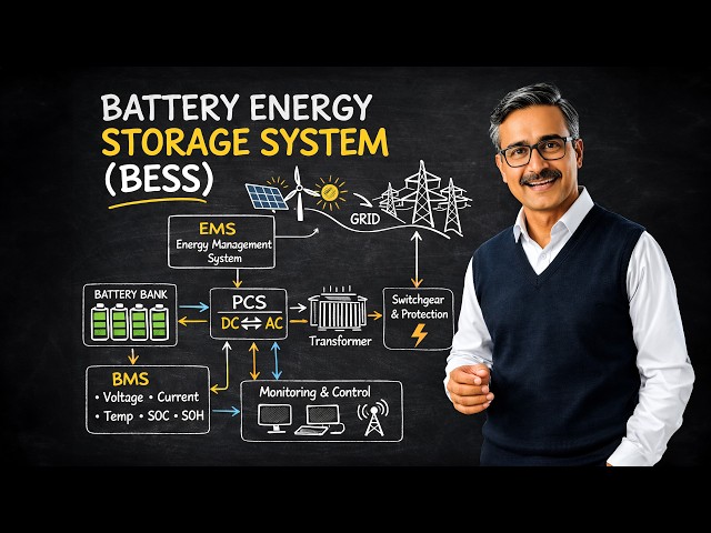 Battery Energy Storage System (BESS) Explained | Layout, PCS, EMS, BMS & Working Principle