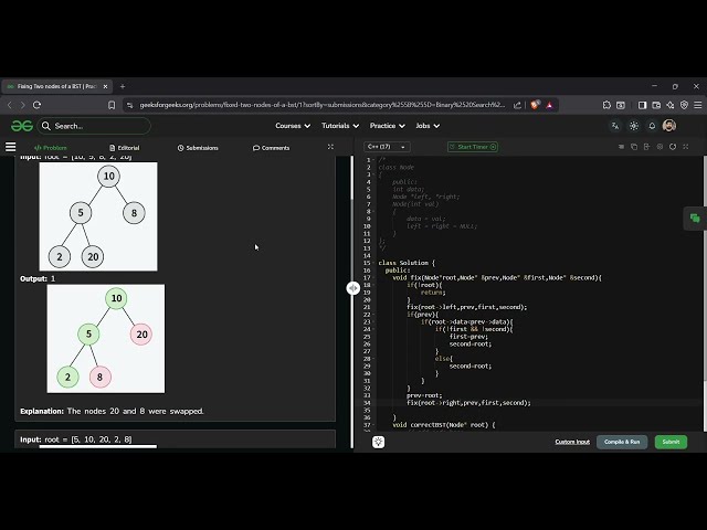 Fixing Two Nodes of a BST | GFG Solution in C++ | Recover Binary Search Tree Explained