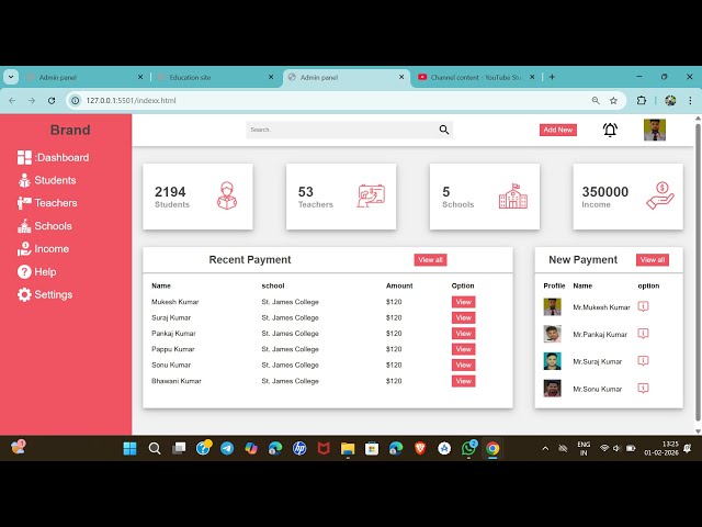 Responsive Admin dashboard using HTML and CSS|🎶#DataVisualization🏆#UIDesign🥉#viral #DashboardsDesign