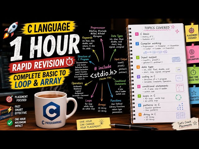 C Programming in 1 Hour 🔥 | Rapid Revision | Basics to Loops & Arrays | Placement Ready
