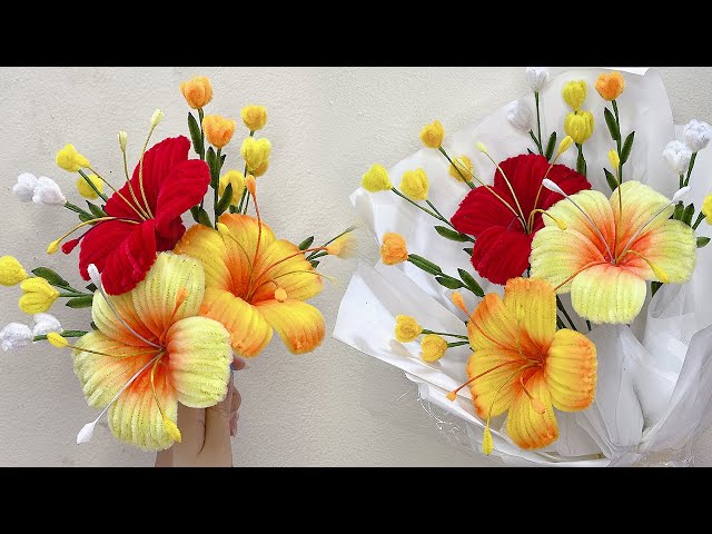 DIY Beautiful Flower Bouquet 💐 How to Make Hibiscus Flower with Pipe Cleaners Easy DIY Chenille Wire