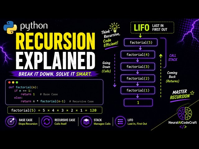 "Python Recursion: Factorial, LIFO, Base Case & Call Stack Visualization | NeuralAICodeCraft"