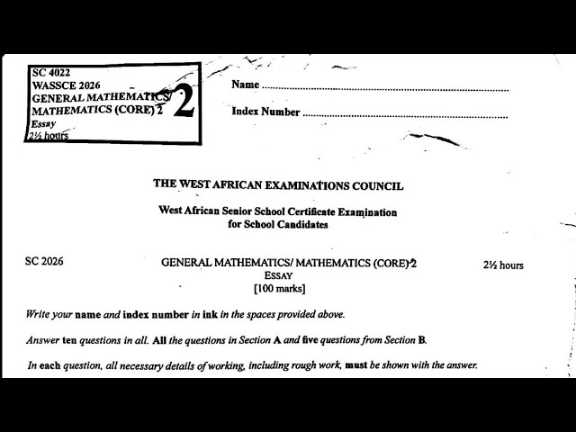 WASSCE 2026 CORE MATHS( MAIN)PAPER 2 - QUE 1