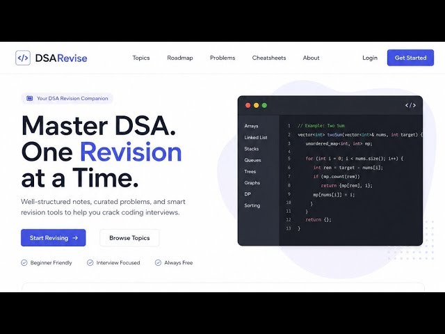 Completed a stunning new landing page for a DSA Revision platform, featuring a clean and modern UI. 