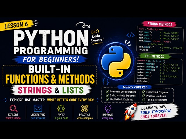Python Programming for Beginners | Lesson 6 | Built-in Functions & Methods | Strings & Lists