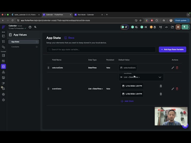 Flutterflow implemented table calendar widget