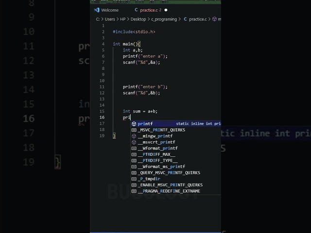 C language to add two numbers in vs code program| #bugology #programming #add#language#learning #yt