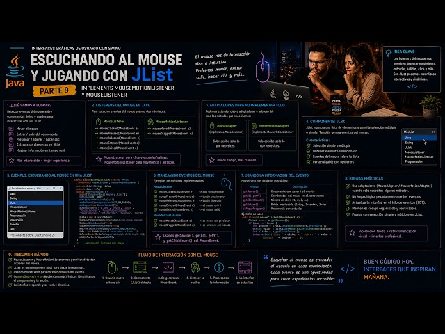 POO GUI: Parte 9 Jugando con JList y esuchando al mouse,  mouseListener y mouseMotionListener