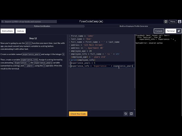 FreeCodeCamp - Python Project  - Step 12 of 18 - Employee Profile Generator