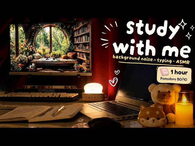 midnight study asmr 🌙 50/10 pomodoro • background noise + typing | cozy library vibes | 1 hour