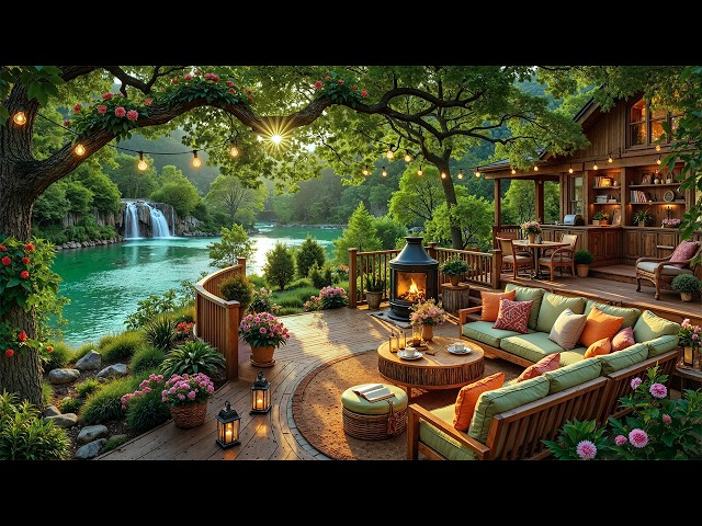 Jazz Relaxing Music | Summer Porch Ambience with Warm Fireplace by the Riverside for Work, Study