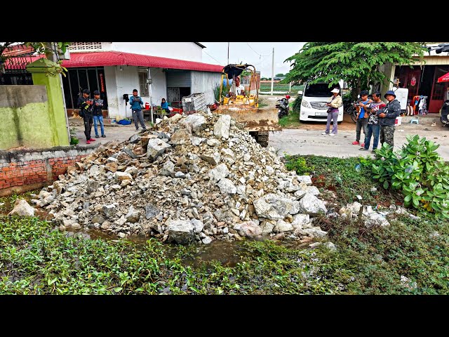 Fantastic New Project!! Filling Land By Bulldozer Komat'su D2OP Push Stone with Dump Trucks