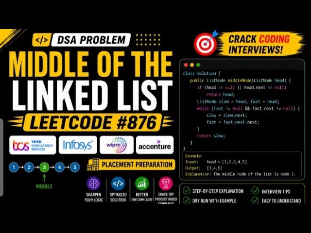 Middle of the linkedin list | Leetcode #876 | linked list | DSA