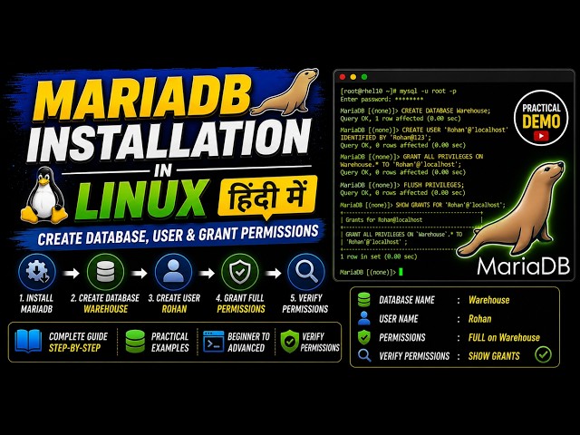 MariaDB Installation in Linux | Create Database, User & Grant Permissions | Hindi Tutorial