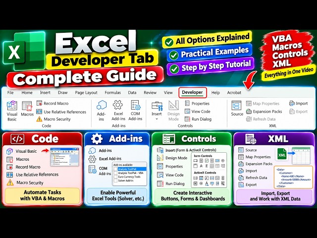Excel Developer Tab Explained | All Options, Buttons & Features with Examples !!