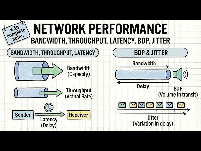 Network Performance: Bandwidth, Throughput, Latency (delay), Bandwidth-delay Product, Jitter