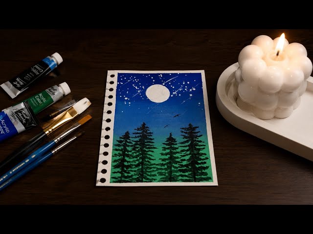 Easy Acrylic Painting for Beginners | Moonlit Forest Night Landscape Painting Tutorial