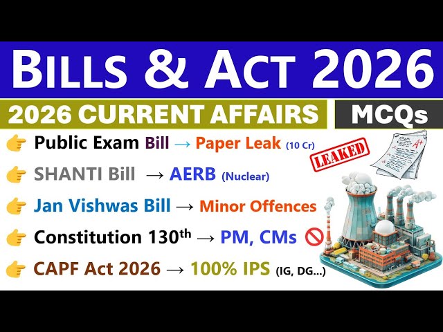 IMPORTANT BILLS & ACTS 2026 | CURRENT AFFAIRS 2026 | SSC, UPSC, RAILWAY, STATE PCS | INDOLOGUS |