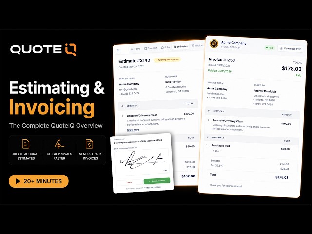 QuoteIQ Estimating & Invoicing Walkthrough: Instant Payouts, AI Quotes & Customer Self-Booking