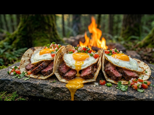 Cooking STEAK & Eggs Tacos with Fresh Pico de Gallo by the Forest Stream