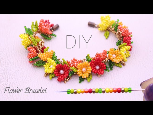 Sun-Kissed Petals: Beaded Flower Wine Bracelet 🌹🌻🌼🌿 made with seed beads