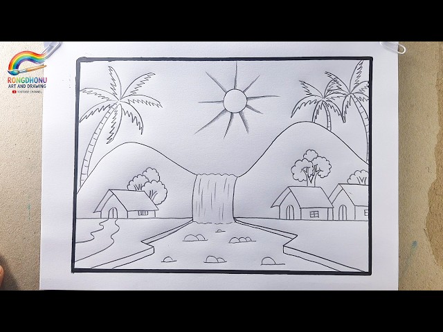 Easy Village Scenery Drawing with Waterfall and Coconut Trees | Simple Nature Drawing Step by Step