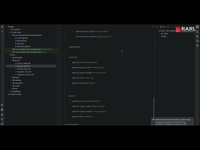 task 7:  Quiz App in Android Studio | Multiple Activities with Timer & Score [XML + Java]