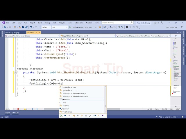 c++/cli windows forms (show font dialog) c++ Prompts the user to choose a font visual studio code