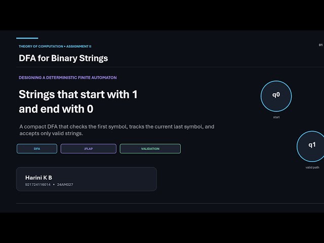 Theory of computation: DFA for Binary Strings Starting with 1 and Ending with 0 