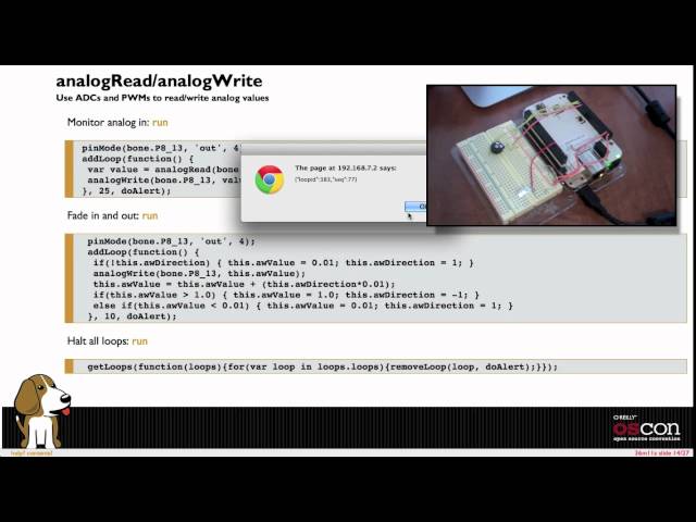 Bonescript physical computing on Node.JS under Linux demo from OSCON 2012