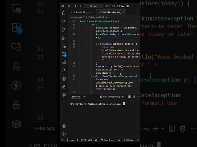 Java Custom Exception Example  Invalid Check In Date Handling in Hotel Booking System #learnjava
