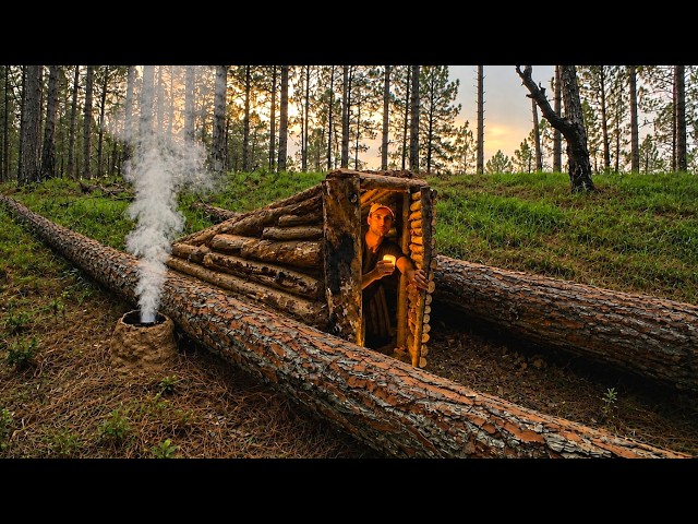 Building a Hidden hillside Cave shelter, dugout with Fallen tree, Bushcraft, survival