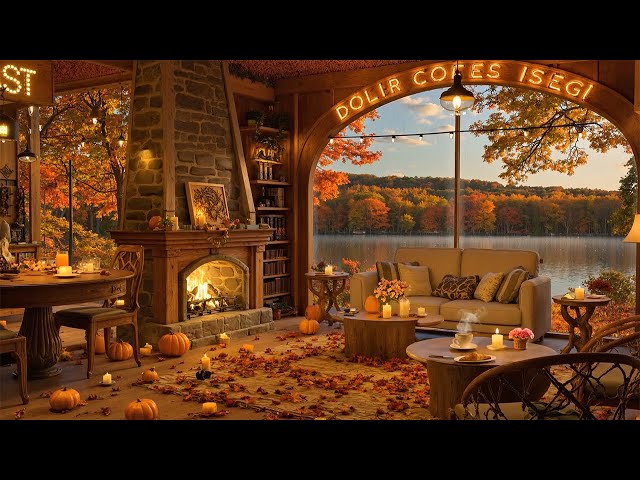 October Fall Jazz at Cozy Autumn Coffee Shop Ambience🍂Bossa Nova Jazz & Crackling Firelight for Work