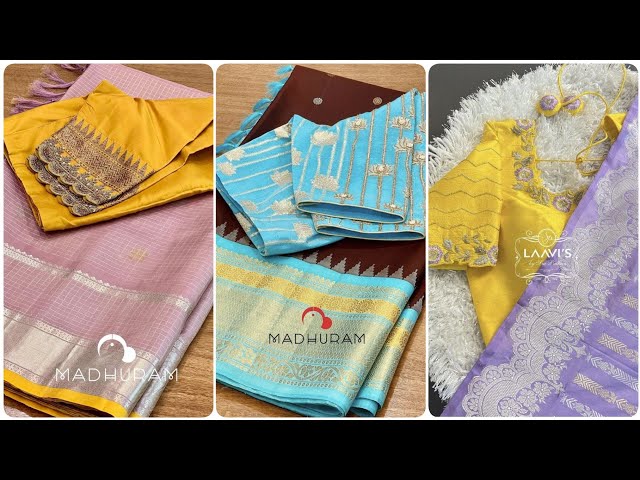 Latest Silk Sarees with Contrast Blouses 2026|| Contrast Blouse Designs for Silk Sarees 2026