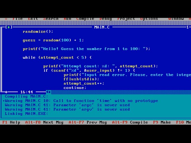 пишу игру "угадай число" на C (MS DOS)