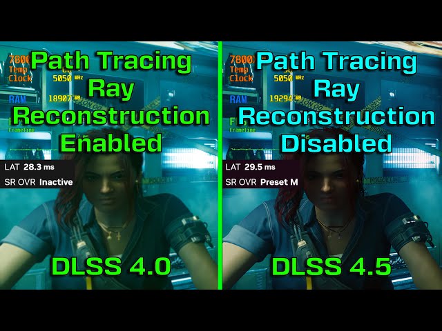 Path Tracing Ray Reconstruction On vs Path Tracing Ray Reconstruction Off DLSS4.5 Cyberpunk