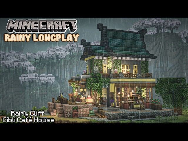 Minecraft Relaxing Rainy LongPlay - Rainy Cliff - Rainy Cozy Ghibli Café House • No Commentary