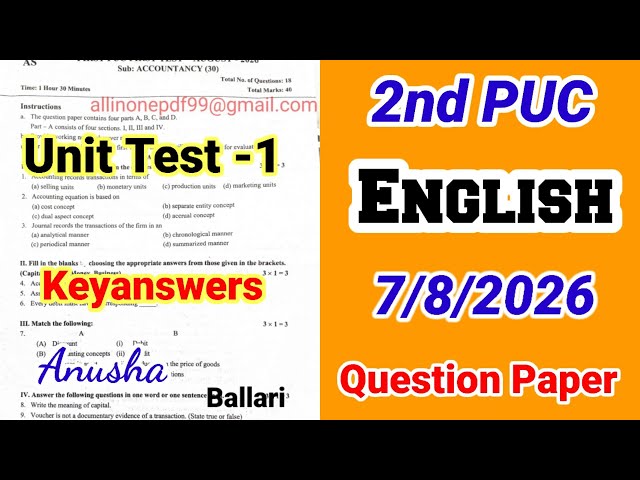 2nd PUC English Unit Test 1 Question Paper 2026 with Answers