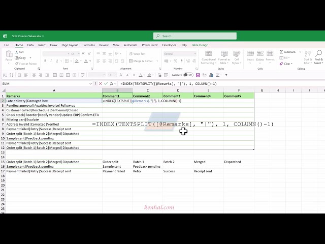 Split comments in Excel table.