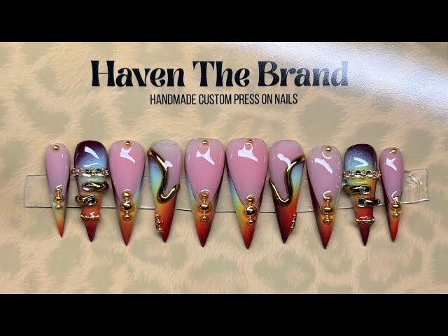 HOW TO:Potted Builder Gel Press On Nail Tutorial! Chrome,bangle nail,3d line,airbrush|HavenTheBrand✨