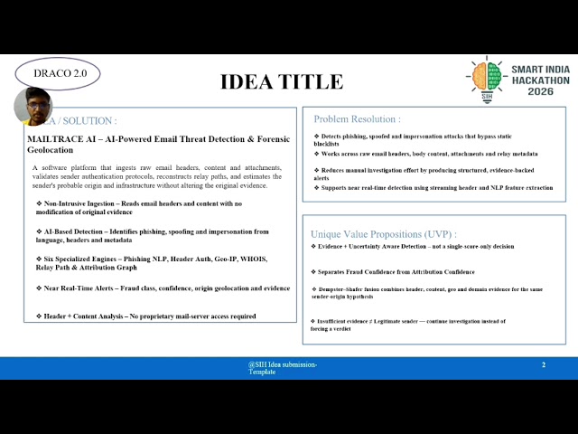 Team DRACO 2.0 | MailTrace AI | AI-Powered Email Threat Detection & Forensic Intelligence | SIH 2026