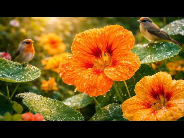 Beautiful Nasturtium Flowers After Rain | Relaxing Garden Nature with Birds Chirping