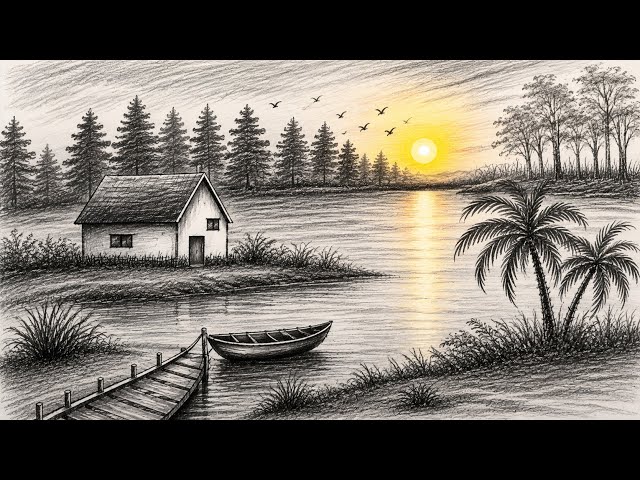 Peaceful Lakeside Landscape | Relaxing Pencil Drawing Tutorial