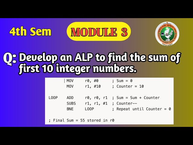 ARM Assembly Program to Find Sum of First 10 Integers | VTU BCS402 Module 3