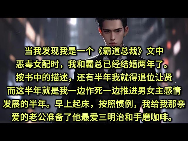 当我发现我是一个《霸道总裁》文中的恶毒女配时，我和霸总已经结婚两年了。按照书中的描述，还有半年我就得退位让贤。而这半年就是我一边作死一边推进男女主感情发展的半年。早上起床，按照惯例，我老公准备了早餐