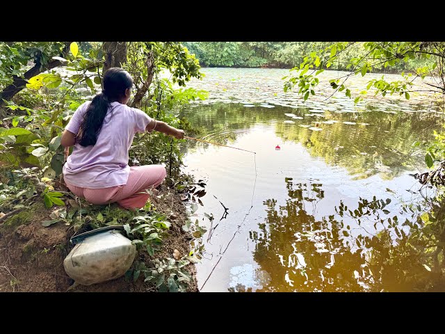 Fishing Video || Traditional girl fishing alone in the deep forest lotus pond | Amazing hook fishing