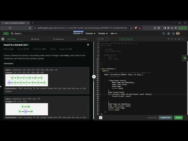 Insert in a Sorted Linked List | GFG Solution in C++ | Maintain Sorted Order | GeeksforGeeks