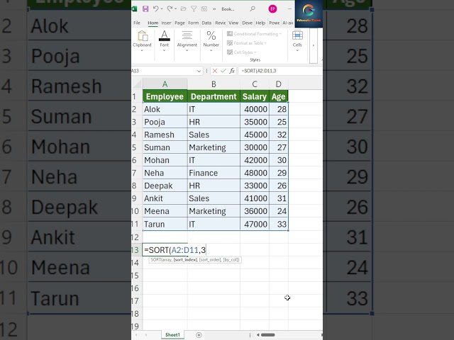 How to Use Sort Function in Excel #shortsvideo #excel #spreadsheetmagic #exceltips #viralvideo