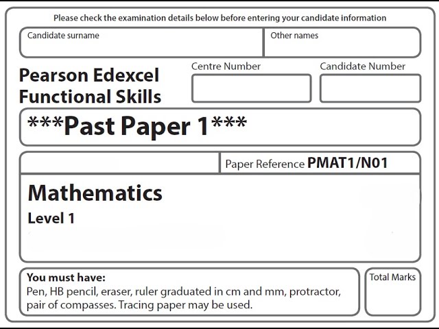 Functional Skills Maths L1 Past Paper 1 Pearson Edexcel