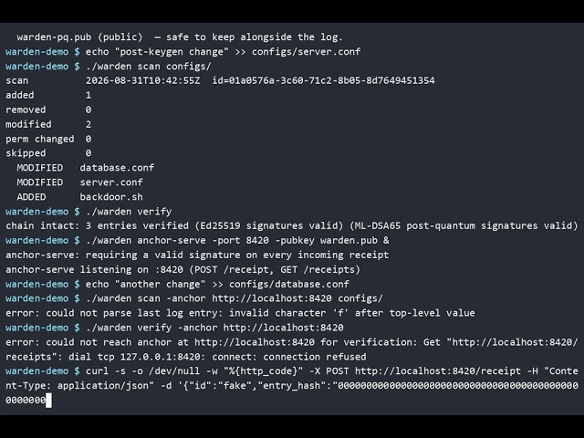 Warden: Zero-Dependency Post-Quantum File Integrity Monitor (Hackathon Demo)